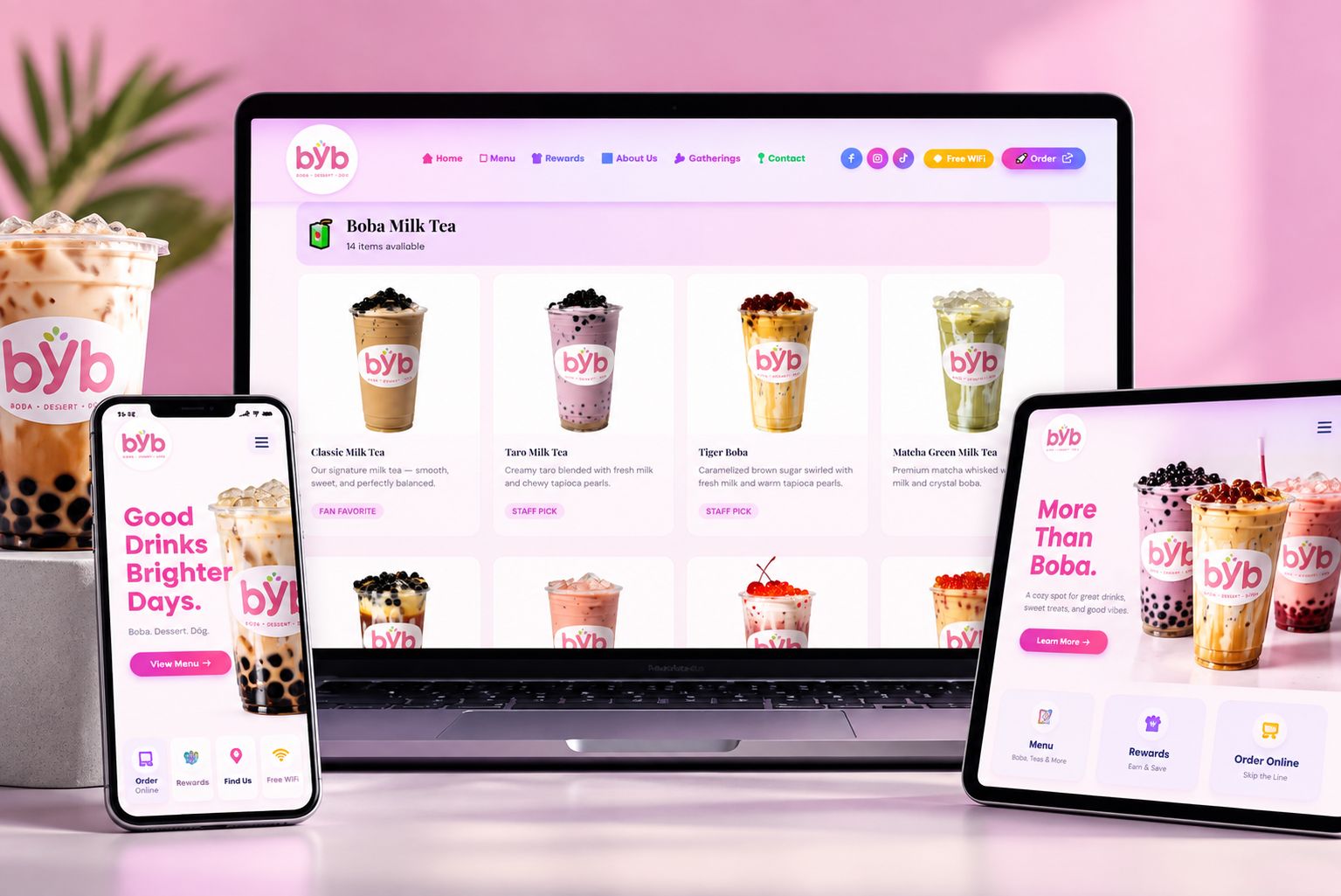 BYB Boba website shown on a laptop, tablet, and phone